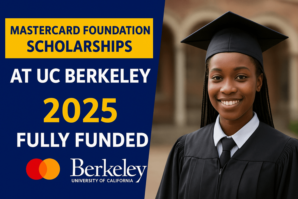 Promotional graphic for the Mastercard Foundation Scholarship at the University of California, Berkeley 2025, featuring UC Berkeley campus with the Mastercard Foundation logo and the text “Study in USA – Mastercard Scholarship at UC Berkeley 2025 – Fully Funded.”