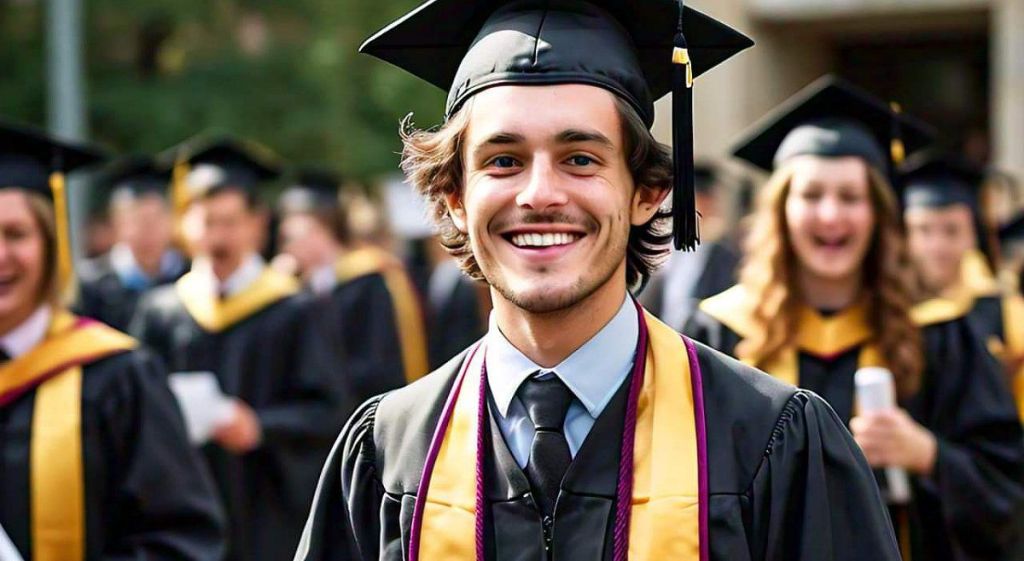 Graduates putting on black graduation gown and cap, with yellow honor cord in a happy mood. A male graduate in front of others wearing a an exciting smiling face. Faces of others are obscured for privacy sake 