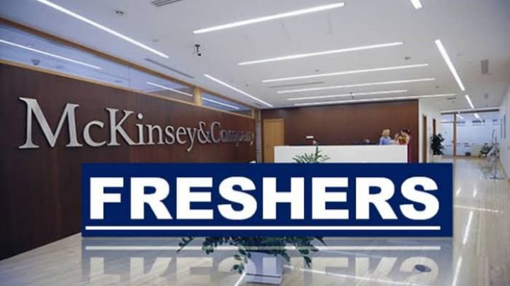 The interior hall way of McKinney company with the inscription "Freshers" Written on a blue background. McKinsey company written on the left wall. Graphic design promoting the McKinney Internship 2024 – Paid Strategy & Innovation Program.