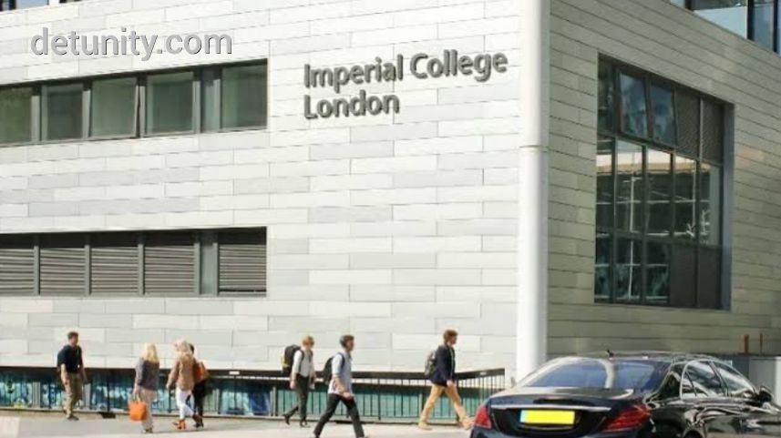 Imperial College campus London featuring "Imperial College London" written on the school building. Also students walking can be found with a car parked in front of the building 