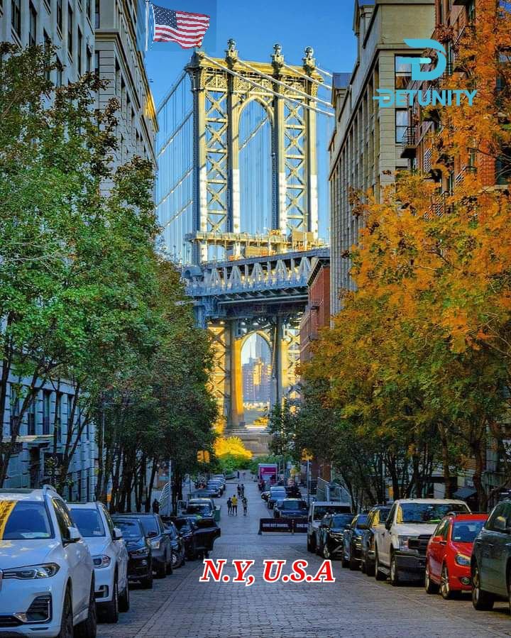 Autumn colors frame a lively New York street leading to the iconic Manhattan Bridge, blending seasonal beauty with urban architecture.