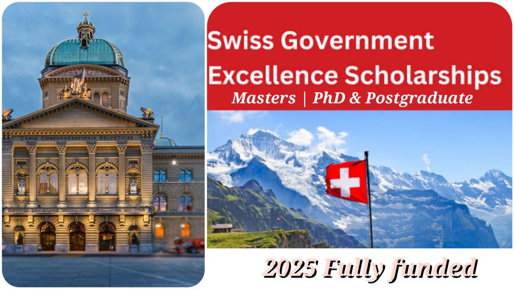 Promotional for the Swiss Government Excellence Scholarships 2025. The left side showcases the grand building with the inscription 'Curia Confoederationis Helveticae,' symbolizing the Swiss Federal Assembly. The right side presents a picturesque Swiss landscape with snow-capped mountains and a Swiss flag, emphasizing the prestigious and scenic study opportunities in Switzerland