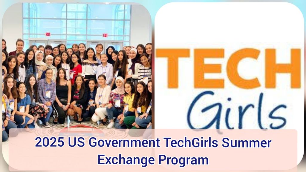 "Promotional graphic for the 2025 US Government TechGirls Summer Exchange Program. Left section: a group of young individuals indoors with large windows and exit signs in the background. Right section: 'TechGirls' logo in bold orange and blue text. Banner at the bottom reads '2025 US Government TechGirls Summer Exchange Program.'"