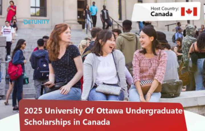 "Diverse group of students at University of Ottawa. Banner announces 2025 Undergraduate Scholarships in Canada."