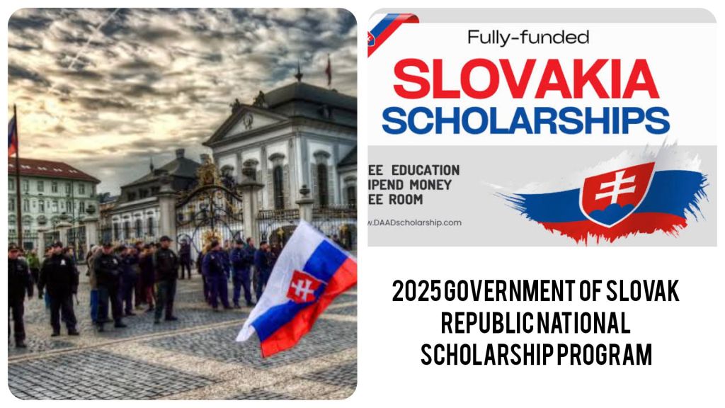 "A collage featuring a Slovak public square with a historic building and people gathered. Slovak flag in the foreground. Banner on the right promotes the 2025 Government of Slovak Republic National Scholarship Program, highlighting full funding, free education, stipend, and accommodation."