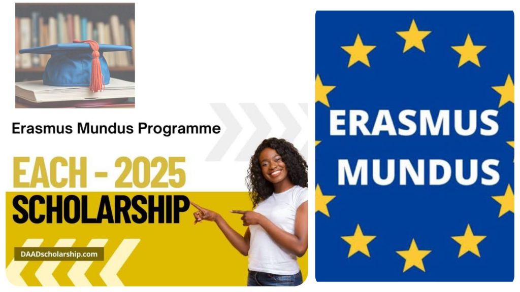 "Collage promoting the Erasmus Mundus Programme 2025 scholarship. Top-left: Graduation cap on books. Middle: 'Erasmus Mundus Programme' and 'EACH - 2025 SCHOLARSHIP' in bold letters with a person pointing towards the text. Right: Erasmus Mundus logo with blue background and yellow stars."
