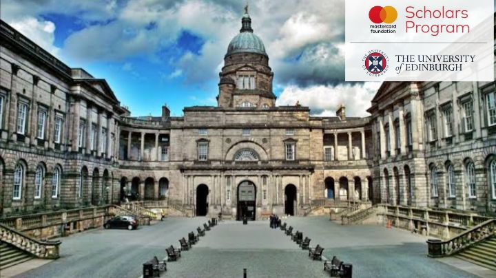 "Historic Old College building at the University of Edinburgh with neoclassical architecture, central dome, and symmetrical wings. The courtyard has benches and parked cars. Mastercard Foundation Scholars Program and University of Edinburgh logos in the top right corner."