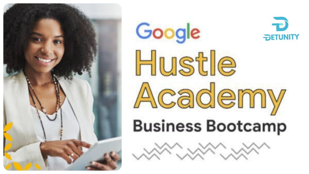 A white background banner promoting the Google Boot camp program with text " Google Hustle Academy Business Boot camp" and a participant by the right with a smiling face.