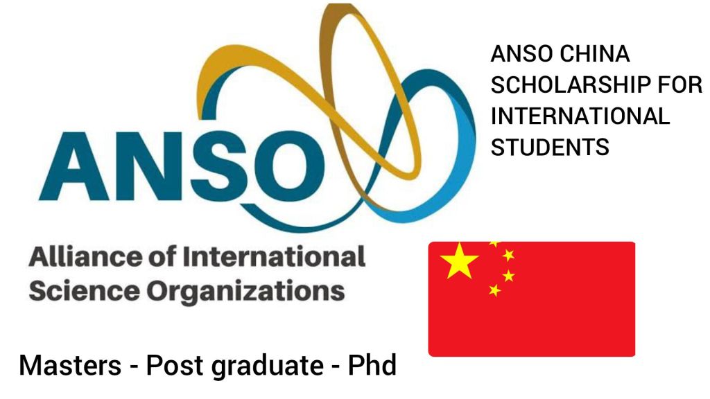 "Promotional for the ANSO China Scholarship for International Students, featuring the ANSO logo with gold and blue loops and the Chinese flag. Text highlights Masters, Postgraduate, and PhD opportunities."