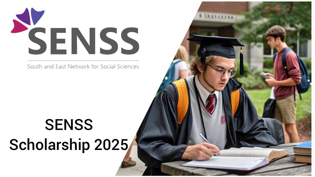 A student in graduation attire studies at an outdoor table, highlighting the SENSS Scholarship 2025's support for social science students.