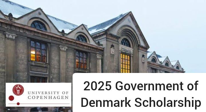 Historic University of Copenhagen building promoting the 2025 Government of Denmark Scholarship, showcasing intricate architectural details and arched windows.