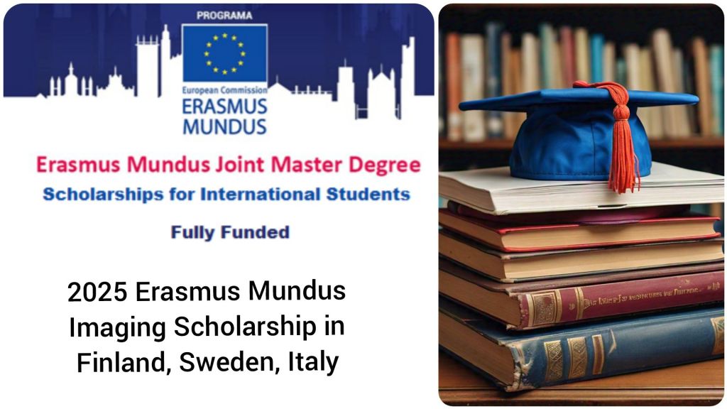  A promotional graphic featuring the Erasmus Mundus logo and a city skyline silhouette on the left. A stack of books with a blue graduation cap is on the right. The text announces fully funded scholarships for international students in 2025, with opportunities in Finland, Sweden, and Italy.