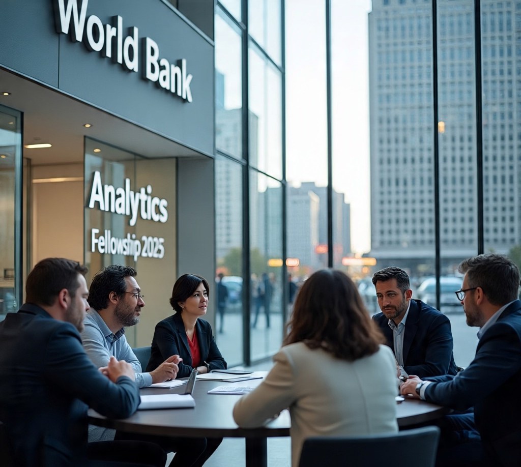 Professionals in a discussion during the World Bank Analytics Fellowship 2025 outside the World Bank office