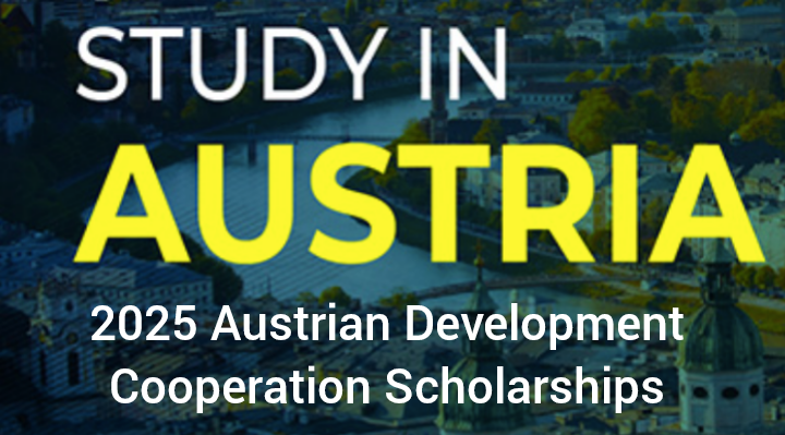 Promotional banner for the 2025 Austrian Development Cooperation Scholarships, featuring the text "STUDY IN AUSTRIA" over a scenic aerial view of an Austrian city.