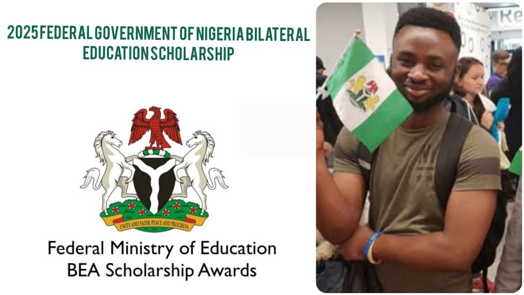 Promotional banner for the "2025 Federal Government of Nigeria Bilateral Education Scholarship," featuring the Nigerian emblem and a person holding a small Nigerian flag. Highlights educational opportunities provided by the Nigerian government for international exchange and development.