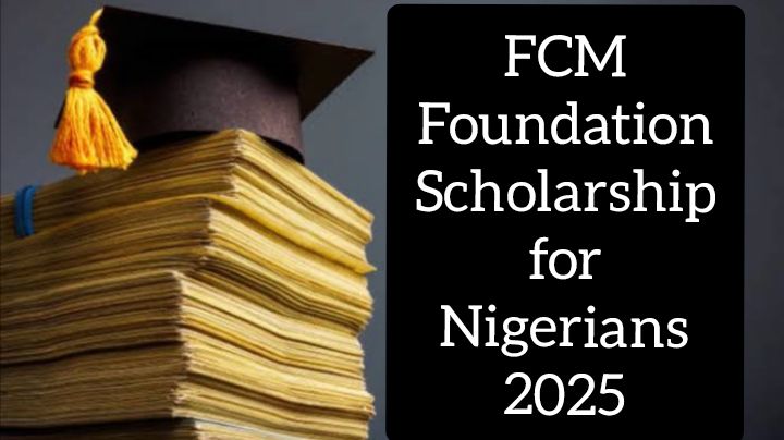 A stack of thick, yellowed books topped with a black graduation cap featuring a yellow tassel. Next to the stack, text reads "FCM Foundation Scholarship for Nigerians 2025" in white letters on a black background.