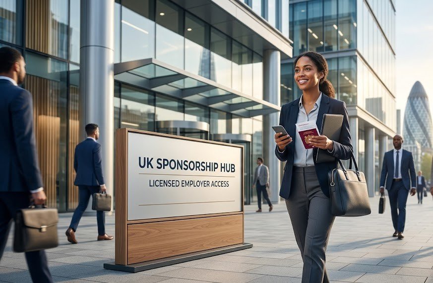 A professional woman holds a UK passport and documents outside a modern London office building, standing near a sign that says "UK SPONSORSHIP HUB - LICENSED EMPLOYER ACCESS," capturing the theme of global career advancement and the legal visa process.