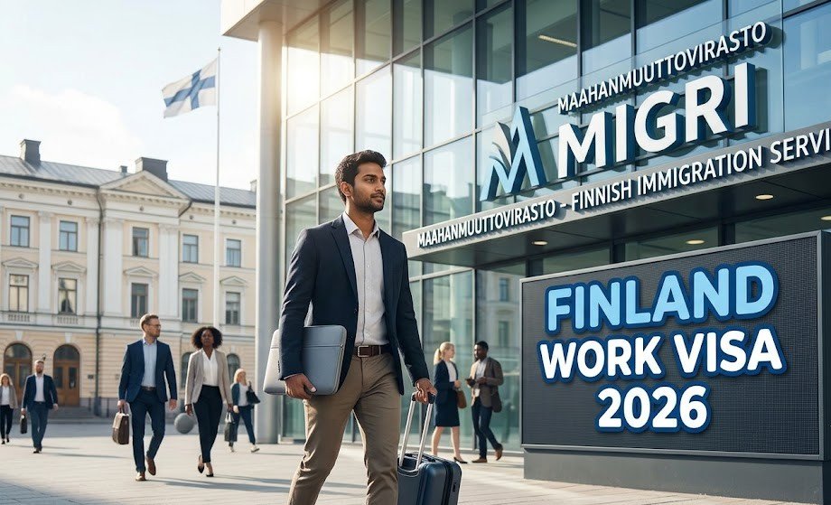 A professional man in business casual attire, carrying a laptop bag and a suitcase, walks towards the glass entrance of the 'Finnish Immigration Service (Migri)' building in Helsinki. A clear, digital display board prominently shows the text "FINLAND WORK VISA 2026," set against a backdrop of modern and classic Finnish architecture under bright, optimistic sunlight.