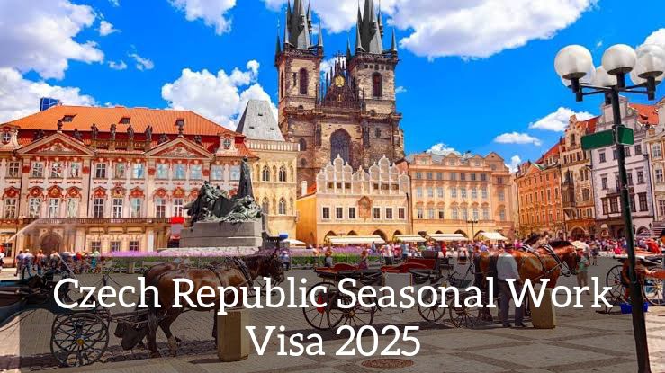 A view of Prague's Old Town Square featuring the Church of Our Lady before Týn, bustling with tourists and activity. Text overlay: "Czech Republic Seasonal Work Visa 2025."