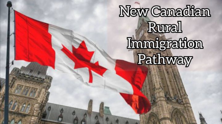 Canadian flag waving in front of a historic building with the text "New Canadian Rural Immigration Pathway."