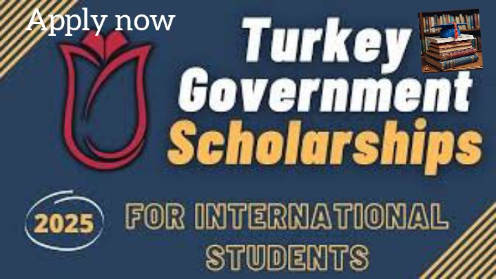 Promotional graphic for the "Turkey Government Scholarships 2025" aimed at international students, featuring a tulip graphic and a call to action "Apply now."