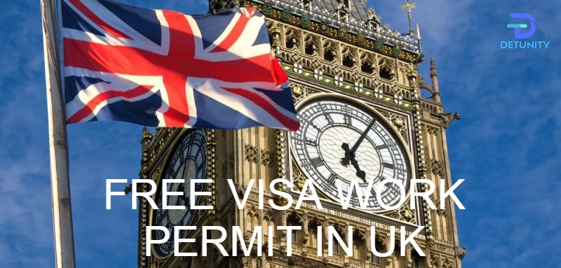 Union Jack flag waving in front of the Big Ben clock tower in London with the text “Free Visa Work Permit in UK” overlaid.