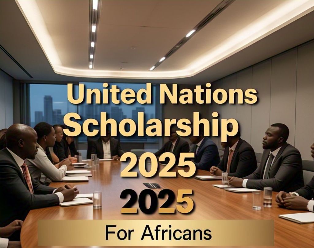 Professionals in business attire at a conference table, with 'United Nations Scholarship 2025 For Africans' displayed.