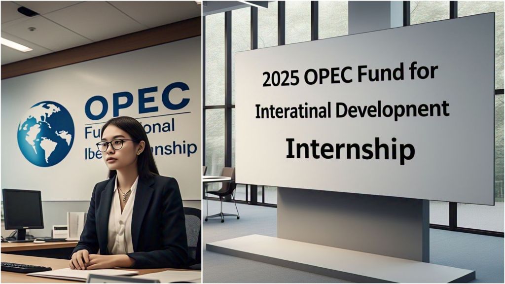 A person working at a desk with the OPEC logo and "OPEC Fund for International Development Internship" in the background, alongside a modern office with a "2025 OPEC Fund for International Development Internship"