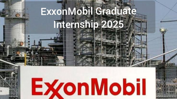 Industrial facility with ExxonMobil logo and text announcing 'ExxonMobil Graduate Internship 2025.'"