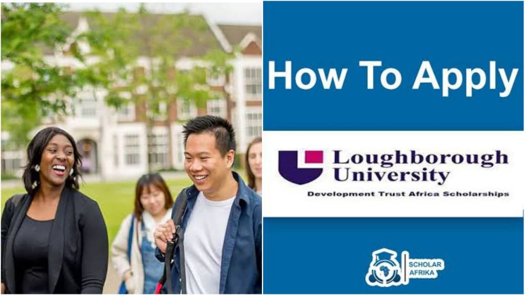Students on campus alongside information about applying for Loughborough University's Development Trust Africa Scholarships, featuring the university and Scholar Afrika logos