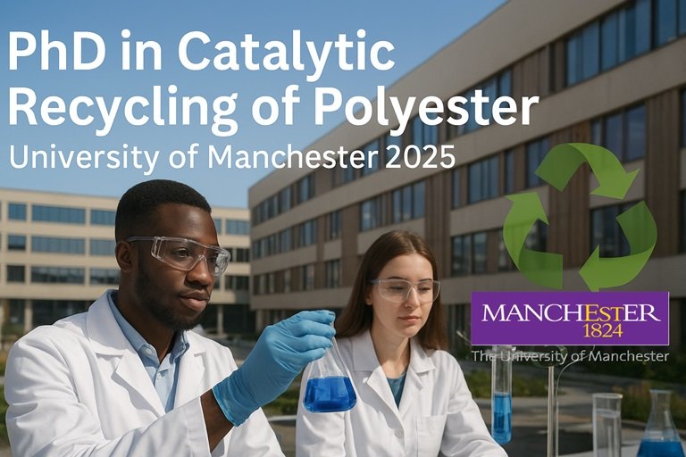 “University of Manchester campus with graduate students in a research setting, representing the PhD in Catalytic Recycling of Polyester Plastics to Monomers 2025.”
