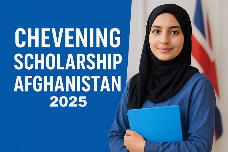 Afghan woman in a black hijab and blue shirt holding a folder, standing beside bold text “Chevening Scholarship Afghanistan” with a blurred Union Jack in the background.