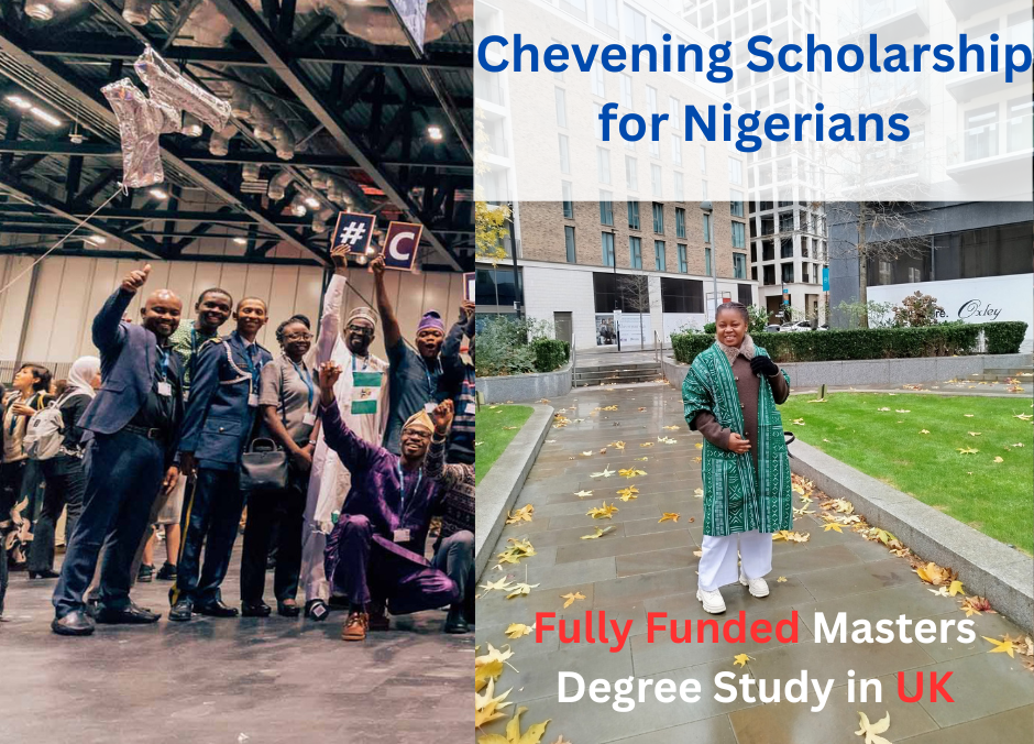 A group of Nigerian students celebrating at an event with one holding a Nigerian flag, alongside a Nigerian scholar standing outdoors in the UK. Text on the image reads “Chevening Scholarship for Nigerians – Fully Funded Masters Degree Study in UK.”