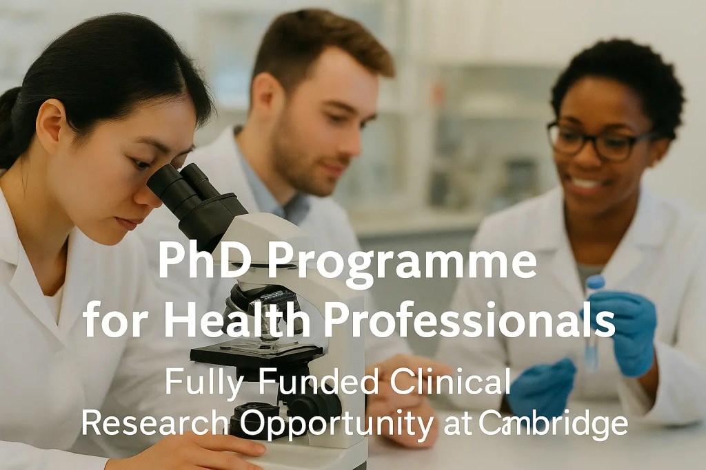 Research students working in a modern laboratory, with overlaid text reading “PhD Programme for Health Professionals” and sub-text “Fully Funded Clinical Research Opportunity at Cambridge.