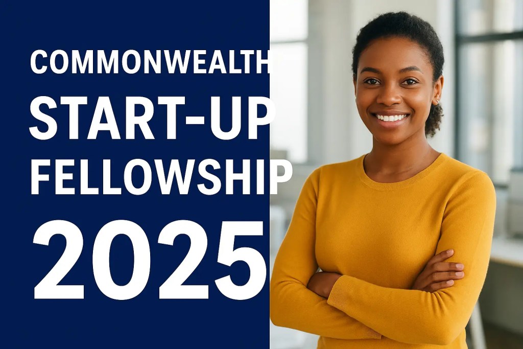 Promotional graphic for the Commonwealth Start-up Fellowship 2025, showing a young professional with digital icons representing innovation, technology, and global collaboration.