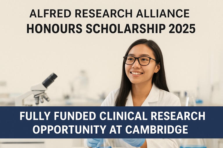 Promotional digital graphic for the Alfred Research Alliance Scholarship at Monash University, featuring students studying and bold overlay text highlighting the scholarship opportunity.