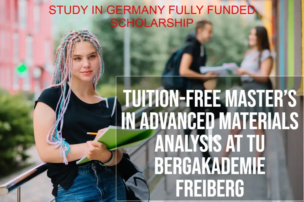 A smiling international student holding notebooks stands outside a university campus in Germany, representing the tuition-free Master’s program in Advanced Materials Analysis at TU Bergakademie Freiberg.