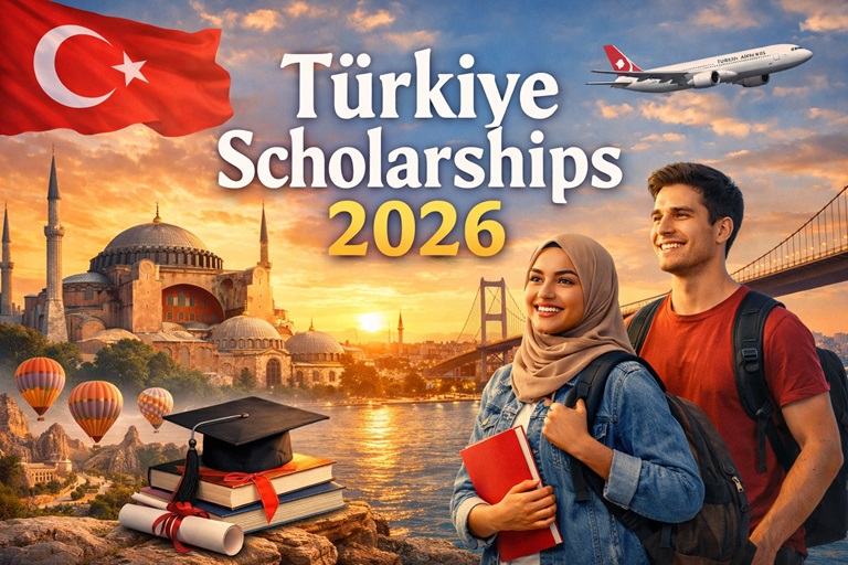 Türkiye Scholarships 2026 featured image showing smiling international students with backpacks holding books, Hagia Sophia and the Bosphorus Bridge in Istanbul at sunset, Turkish flag, graduation cap and books, hot air balloons, and airplane in the sky promoting fully funded study opportunities in Türkiye.