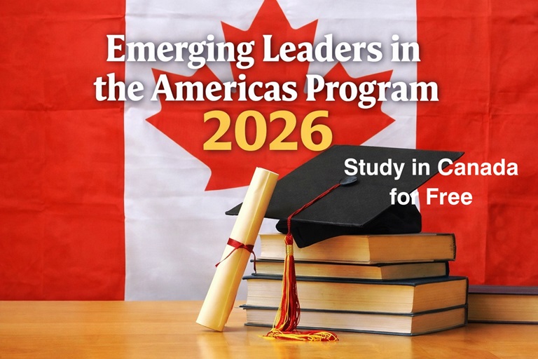 Banner for Emerging Leaders in the Americas Program 2026 showing Canadian flag background with stack of books, graduation cap, and rolled diploma on a table, with bold program title and 2026 text overlay.