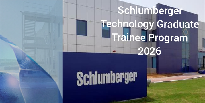 Schlumberger corporate office building with company signage and text overlay announcing Technology Graduate Trainee Program 2026