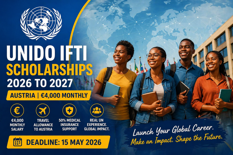Four smiling students holding books stand in front of a global map background with the UN emblem, promoting UNIDO IFTI Scholarships 2026 in Austria with €4,000 monthly support and application deadline May 15, 2026.
