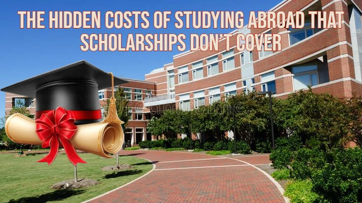 A university campus backdrop featuring a black graduation cap and a rolled diploma tied with a red ribbon, overlaid with the text: "THE HIDDEN COSTS OF STUDYING ABROAD THAT SCHOLARSHIPS DON'T COVER."