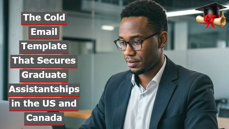 A focused man with glasses working with a laptop. On the left, bold white text highlighted with black backgrounds reads: "The Cold Email Template That Secures Graduate Assistantships in the US and Canada".
