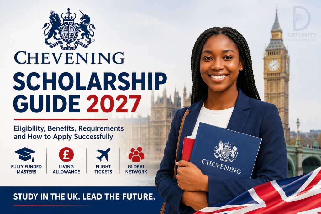 a smiling international student holding study materials in front of the Palace of Westminster and Big Ben, with a prominent Chevening logo and a subtle Detunity logo, highlighting a fully funded UK master's scholarship guide.