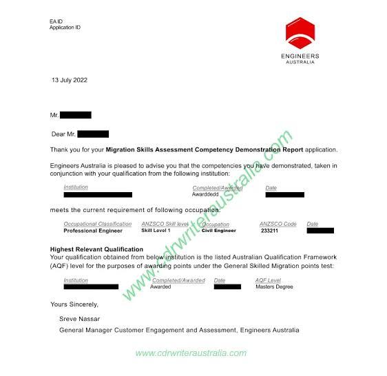 Engineers Australia Migration Skills Assessment outcome letter confirming a successful competency assessment for a civil engineer applying for Australia's Skilled Independent Visa, Subclass 189.