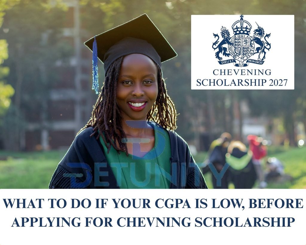 “Chevening Scholarship 2027 graphic showing a female graduate wearing a graduation cap and gown, with text about applying for Chevening with a low CGPA.”